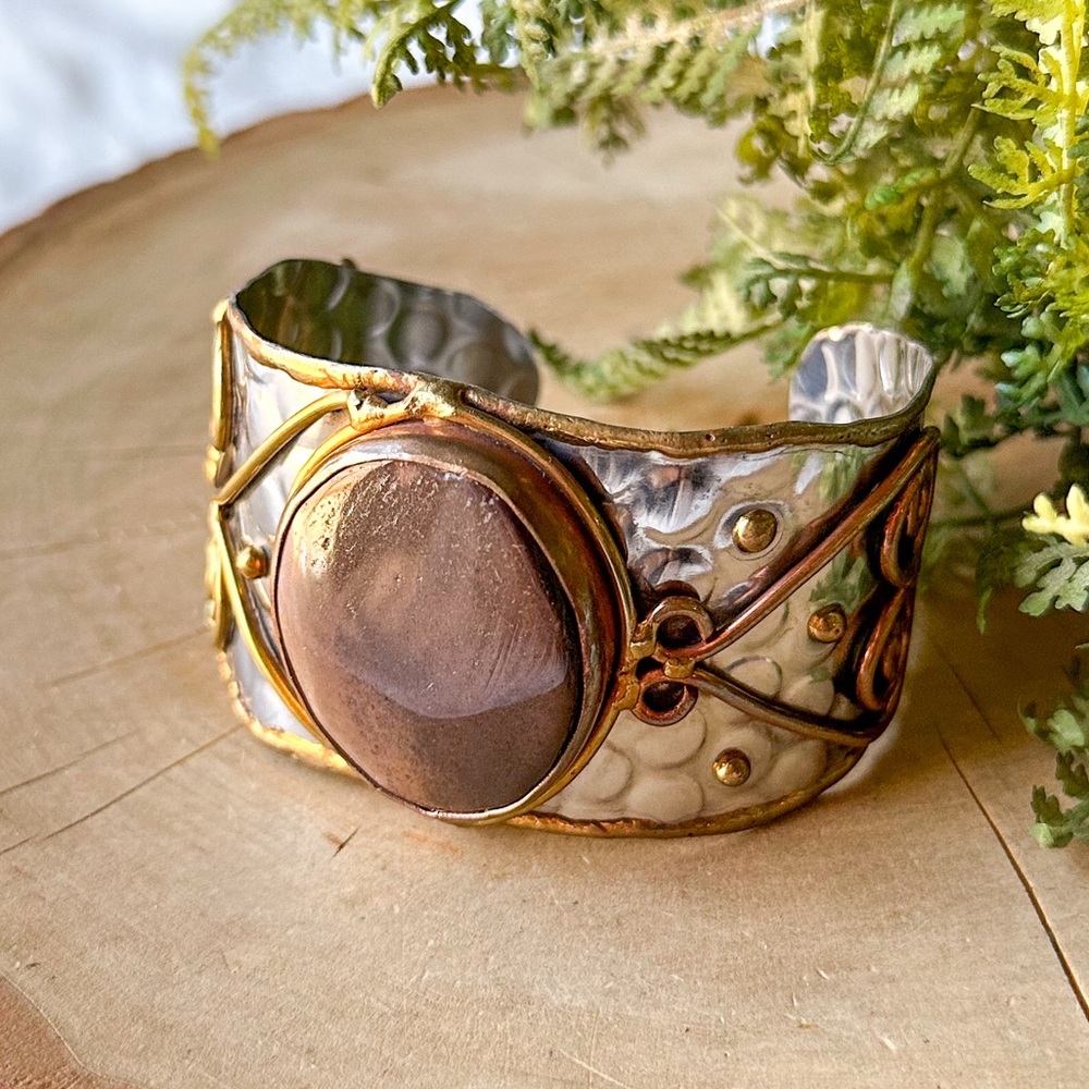 Artesian Stone Silver Gold Copper Wide Statement Cuff Bracelet